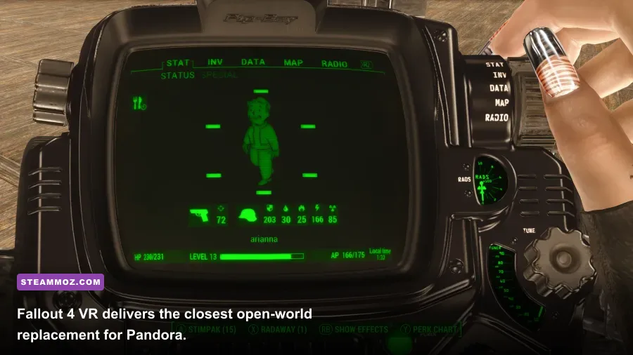 Fallout 4 VR combat in the Commonwealth with a weapon and Pip-Boy visible