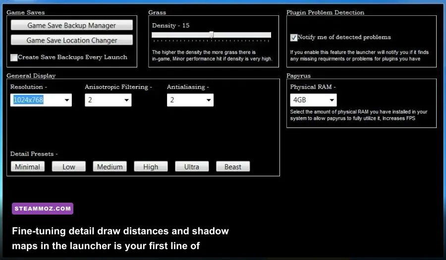 Skyrim PC launcher advanced graphics settings dialogue window showing detail options
