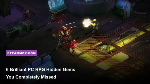 Isometric PC RPG party exploring a dark atmospheric sci-fi facility