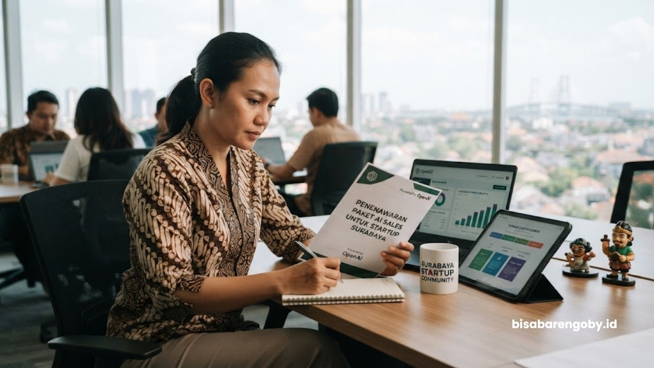 Manajer penjualan mengevaluasi dokumen penawaran saat menyeleksi paket AI Sales untuk startup di Surabaya berbasis OpenAI