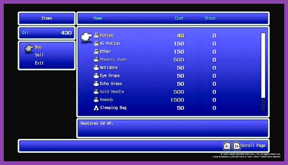Final Fantasy Pixel Remaster status menu displaying defensive equipment and Ribbon accessory