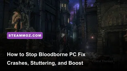 The Hunter standing under the gothic lanterns of Central Yharnam in Bloodborne on PC