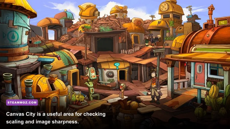 Deponia Canvas City gameplay scene with detailed 2D backgrounds