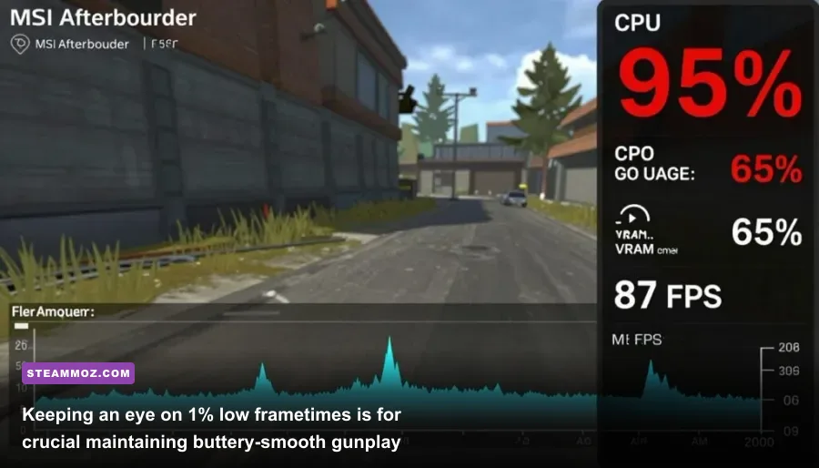 Hardware monitoring overlay displaying real-time FPS, frame times, and GPU temperatures during PC gameplay