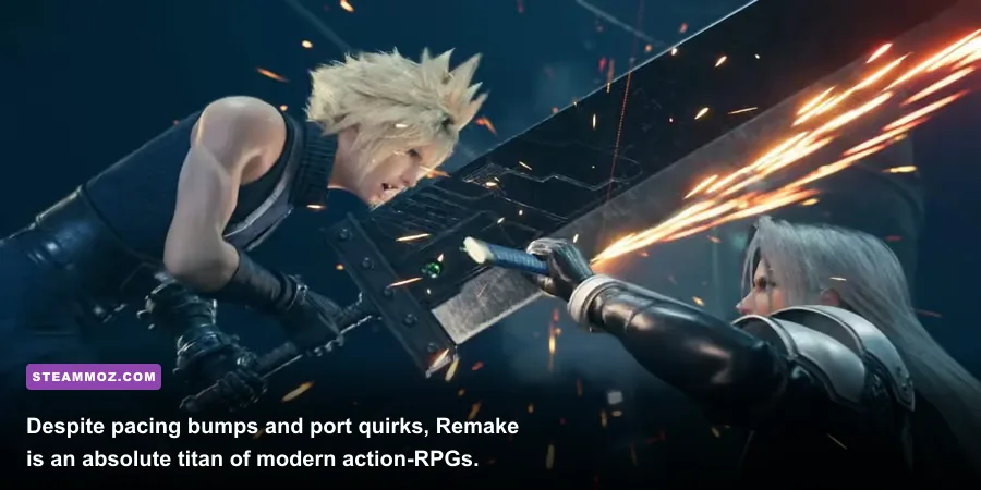 Cloud facing Sephiroth at the edge of creation in Final Fantasy 7 Remake