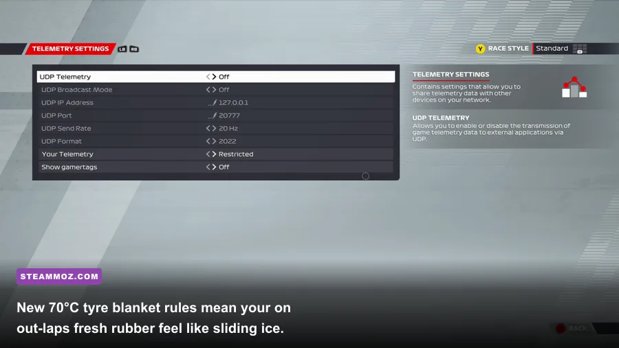 Multi-Function Display HUD in F1 22 showing cold tyre carcass temperatures
