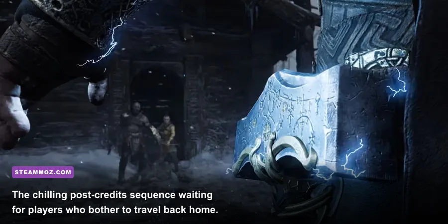 Thor standing outside Kratos' home cloaked in a storm with Mjolnir crackling