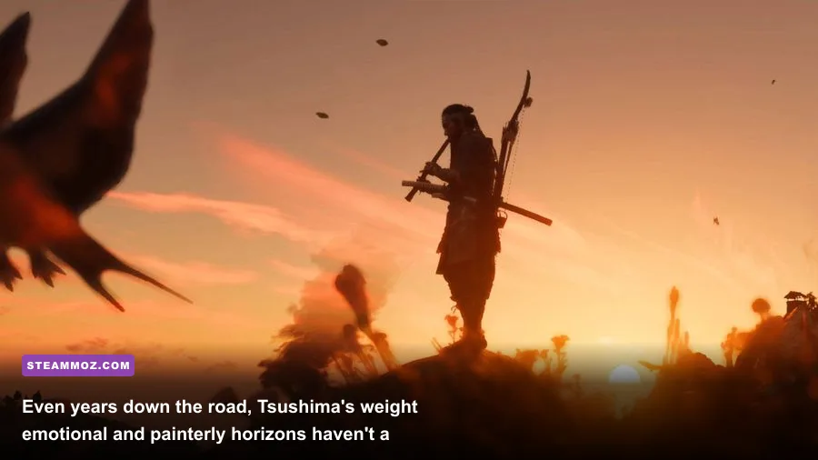Jin Sakai playing the flute on a coastal cliff at sunset in Ghost of Tsushima