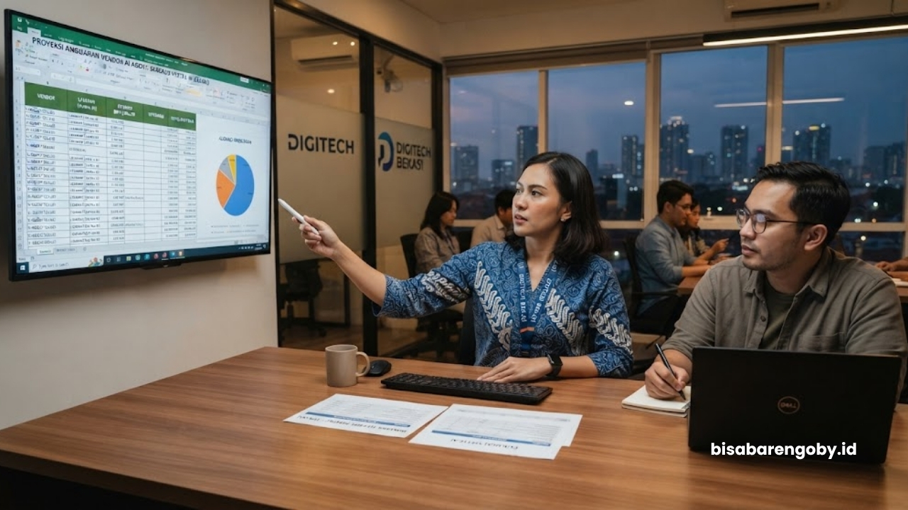 Manajer pengadaan memproyeksikan alokasi anggaran saat menyeleksi vendor AI Agent untuk startup di Bekasi berbasis Vertex AI