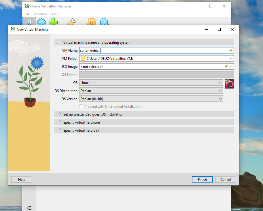 Mengisi nama Virtual Machine dan mendeteksi Debian