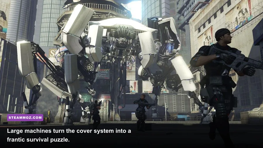 Binary Domain squad battling the Giant Golem boss