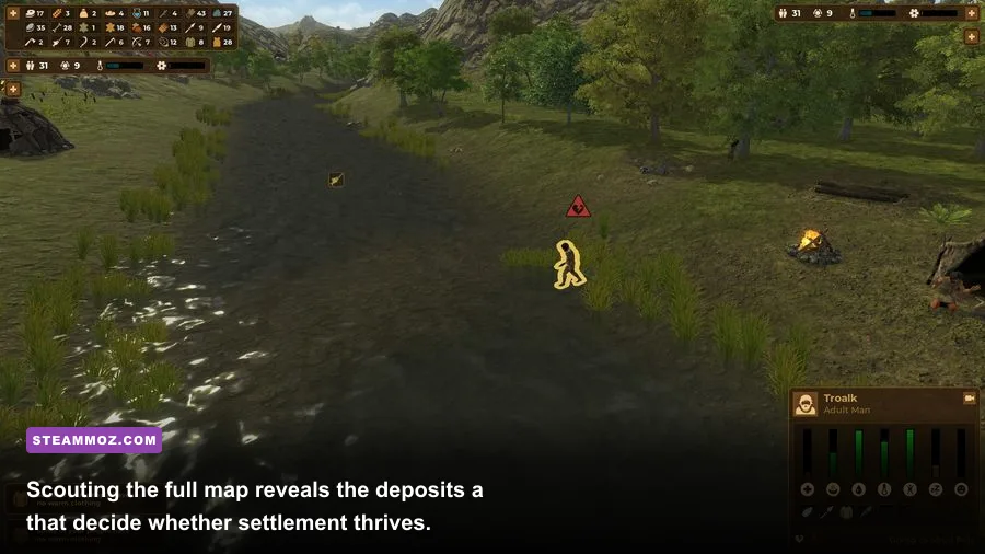 Dawn of Man map showing resource deposits and hunting grounds around a settlement