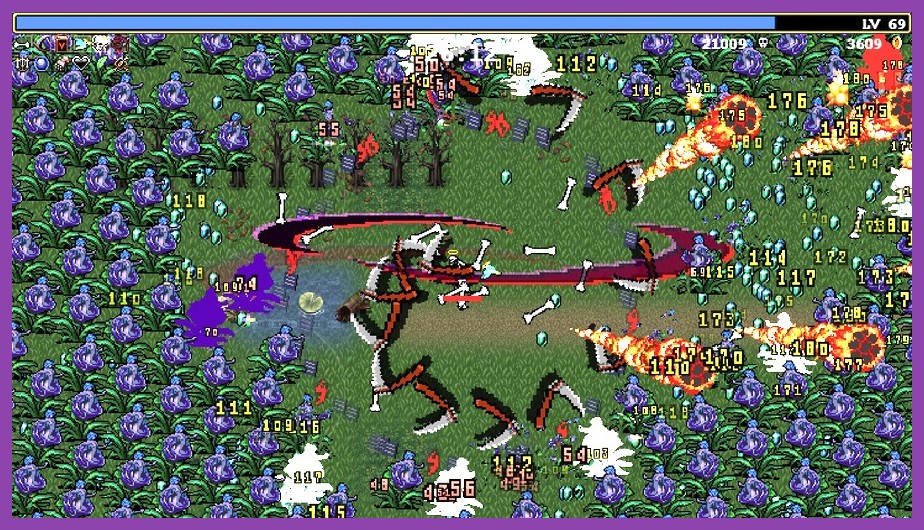 Vampire Survivors chaotic bullet hell screen full of glowing spells and enemies