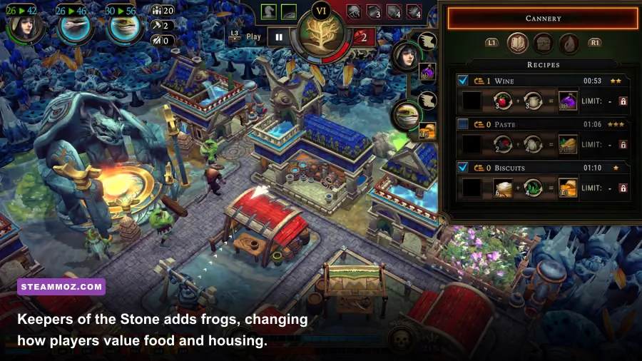 Frog settlers working beside other species in Against the Storm Keepers of the Stone