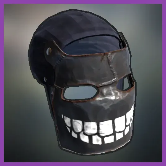 Rust player wearing metal facemask and chestplate with an Assault Rifle