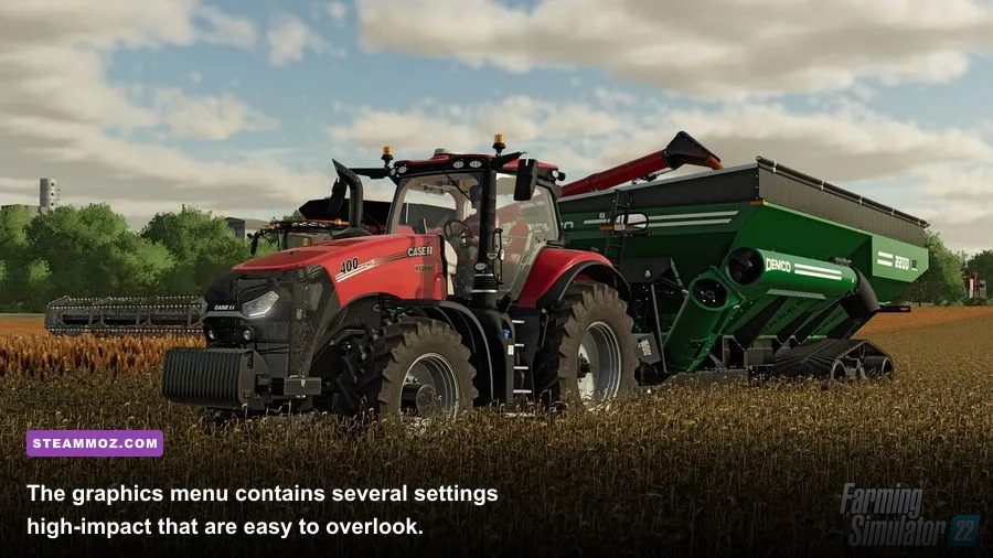 Farming Simulator 22 PC graphics settings menu showing resolution and quality options