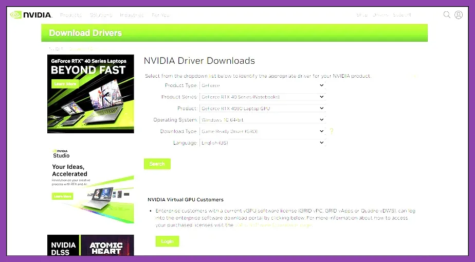 NVIDIA driver download page with latest GeForce Game Ready driver highlighted