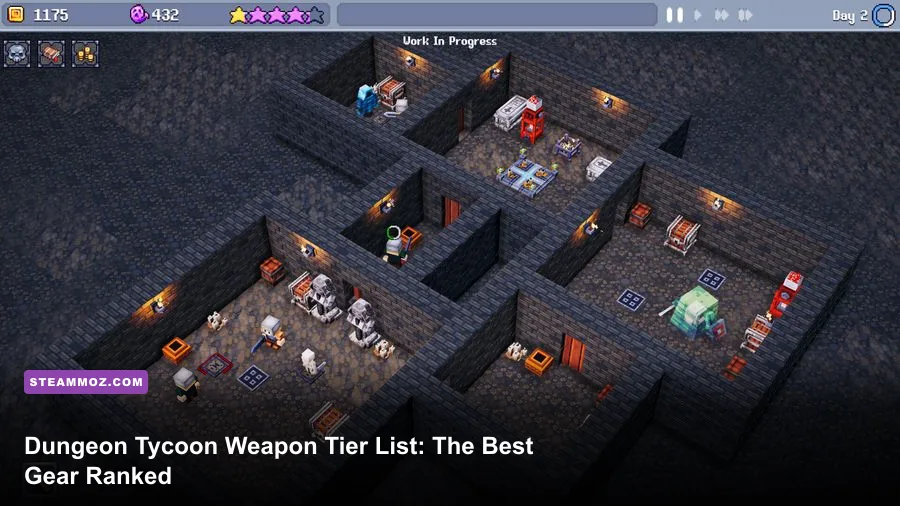 Dungeon Tycoon hero image showing a fully equipped character inside a dungeon