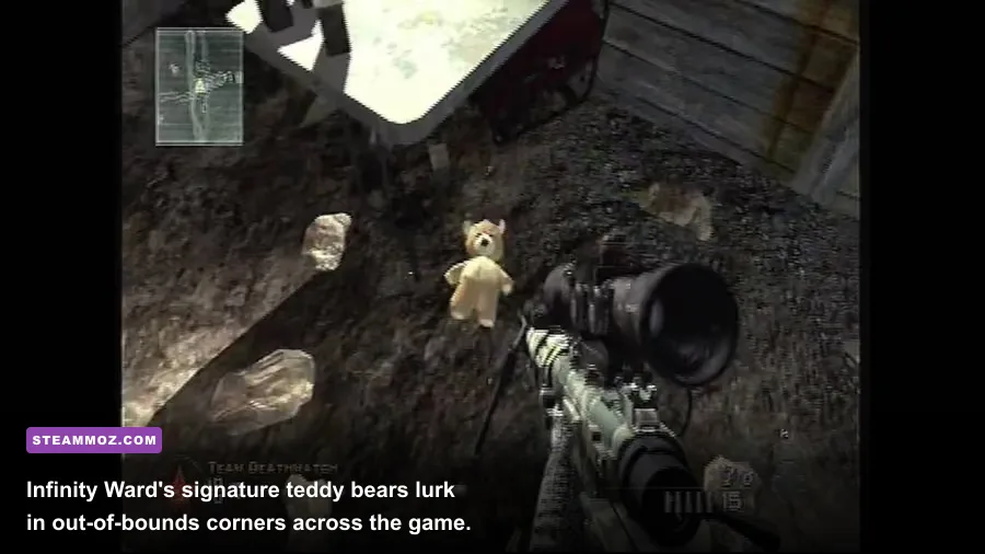A vintage Call of Duty teddy bear hidden behind crates on Mercado Las Almas