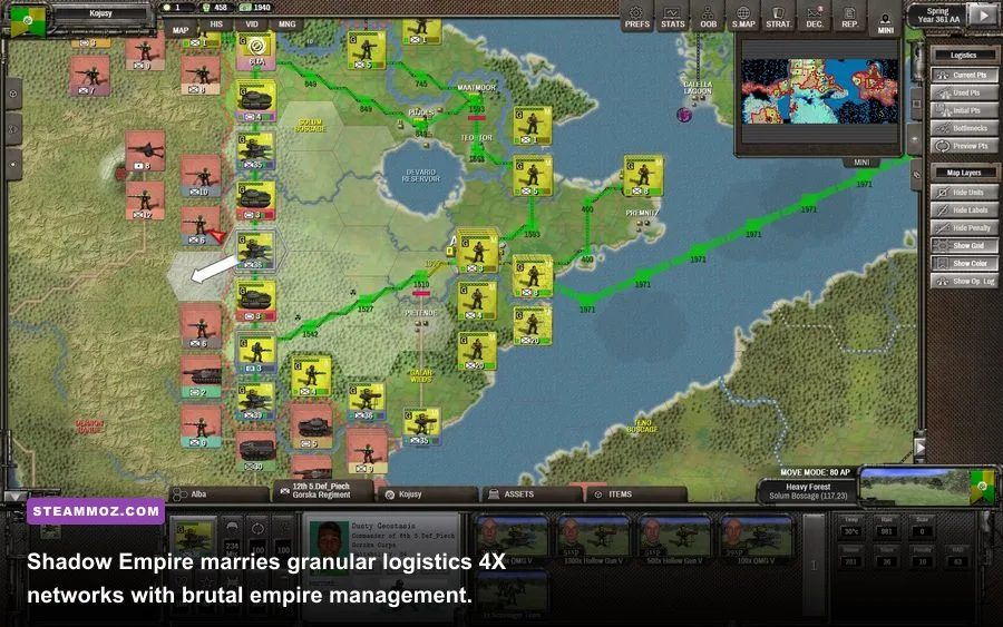In-game interface of Shadow Empire showing supply logistics and operational zones