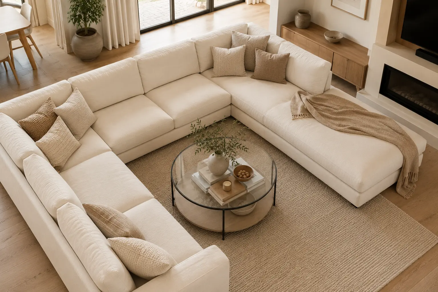 L-shaped sectional sofa paired with a round glass coffee table in a modern living room