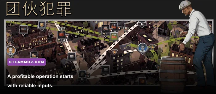 City of Gangsters production chain connecting supplies, distilleries, warehouses, and customers