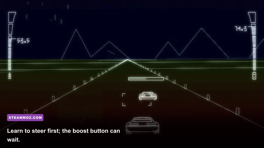 Byte Driver gameplay showing the player weaving through traffic with boost ready
