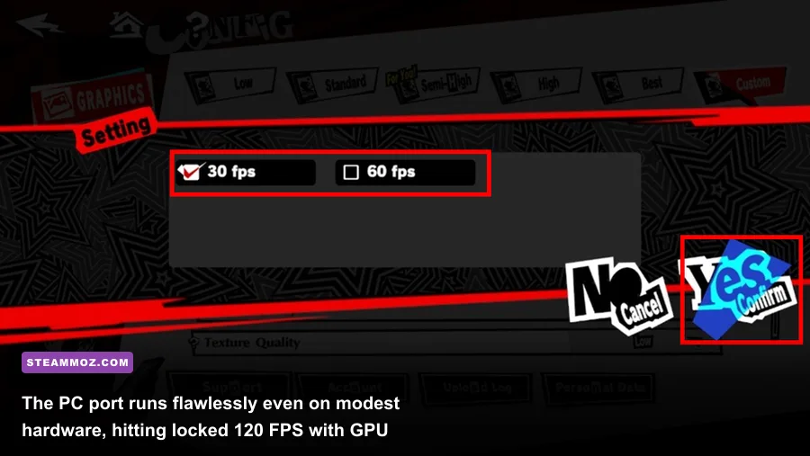 Persona 5 Royal PC graphics configuration menu and settings
