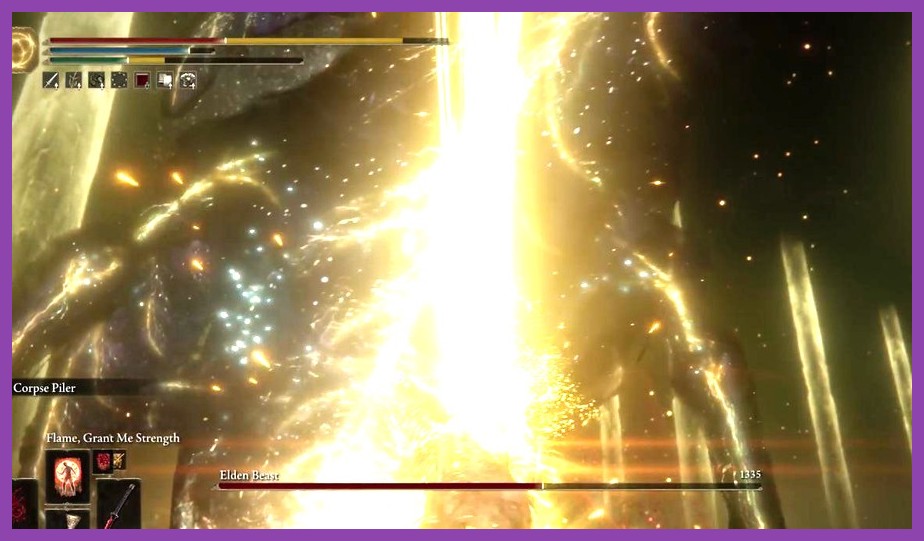 A Tarnished rolling through a massive boss swing in Elden Ring