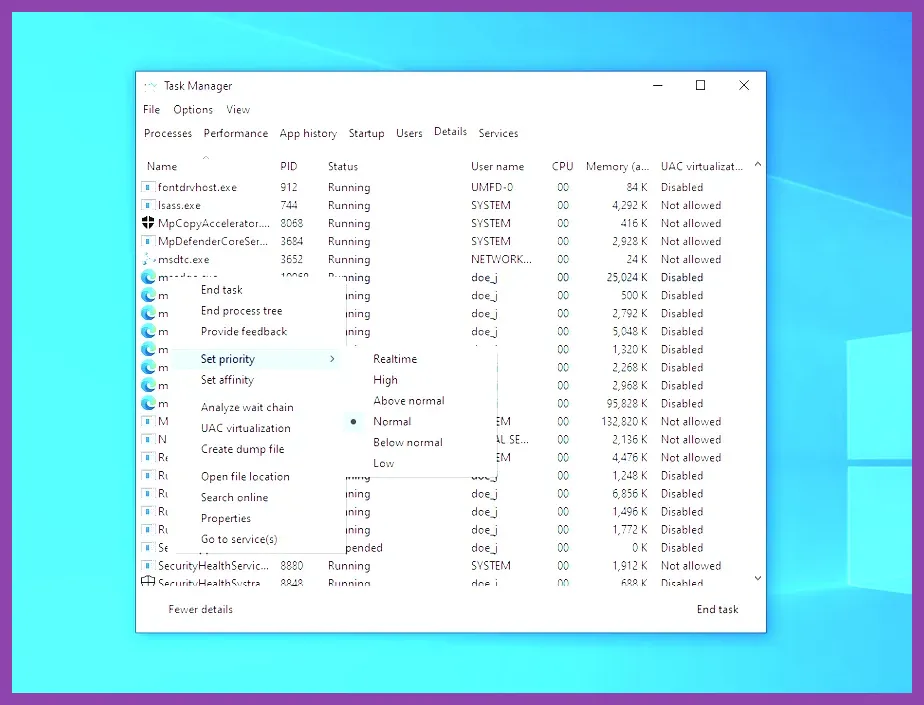 Windows Task Manager process priority adjustment interface