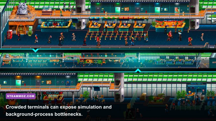 Airline Tycoon 2 crowded airport terminal filled with passengers and staff