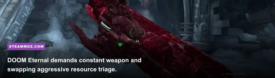 Doom Slayer grappling with the Super Shotgun Meat Hook across a demon arena