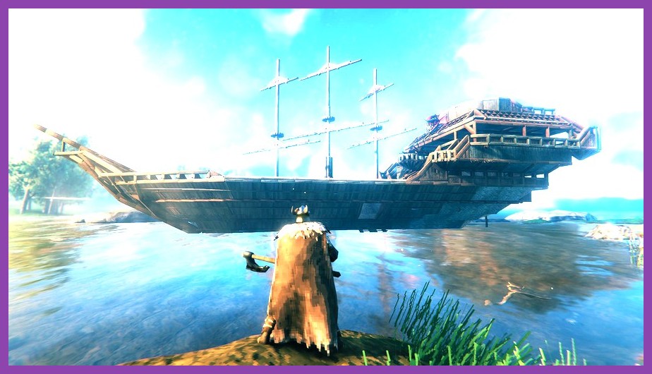 Viking players sailing a wooden longship across scenic open waters in Valheim
