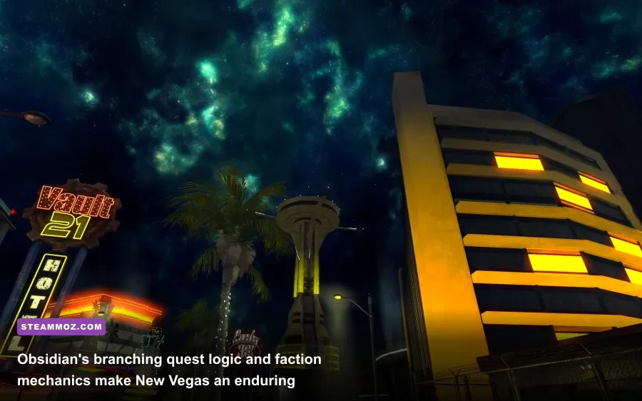 The neon-lit New Vegas Strip towering over the dark, dusty Mojave Wasteland
