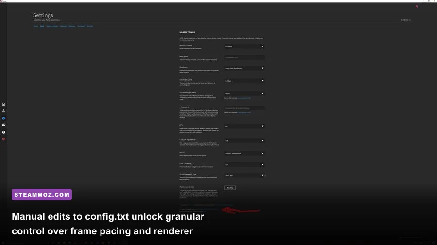 Text editor displaying custom Parsec configuration flags inside config.txt