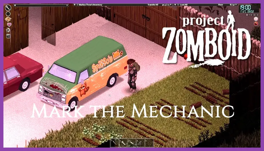 Project Zomboid Mechanic working on vehicle maintenance in a garage