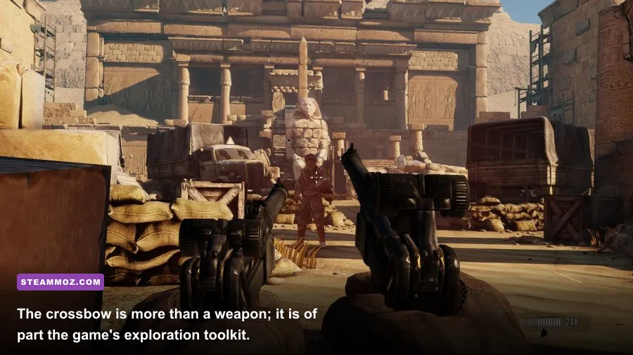 Deadfall Adventures crossbow used near an ancient temple mechanism and expedition ruins