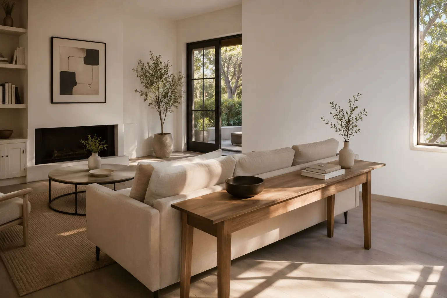 Small rectangular living room layout with a floating sofa and a narrow console table behind it to prevent the bowling alley effect.