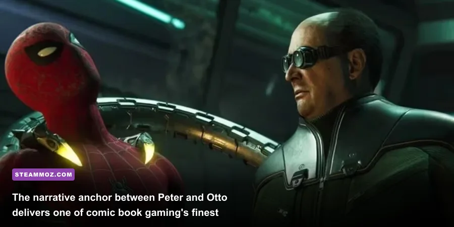 Peter Parker speaking with Dr. Otto Octavius in the laboratory