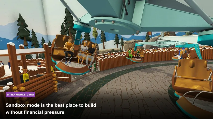 A completed Indoorlands sandbox theme park with colorful attractions and decorations