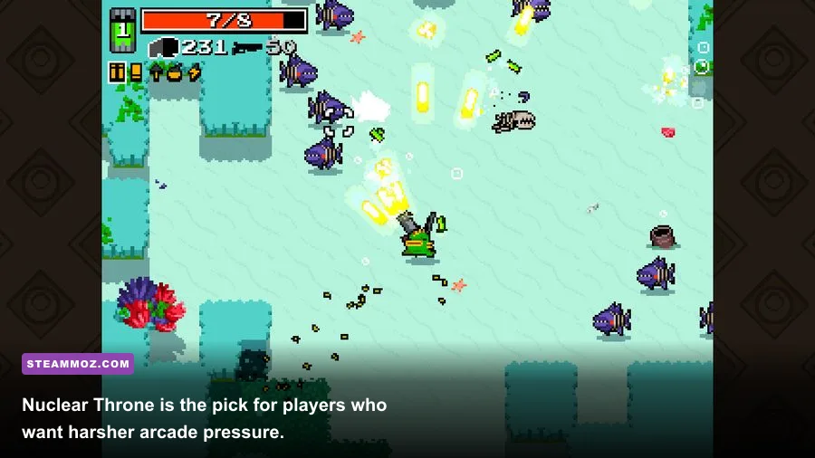 Nuclear Throne mutant firing a weapon in a ruined wasteland