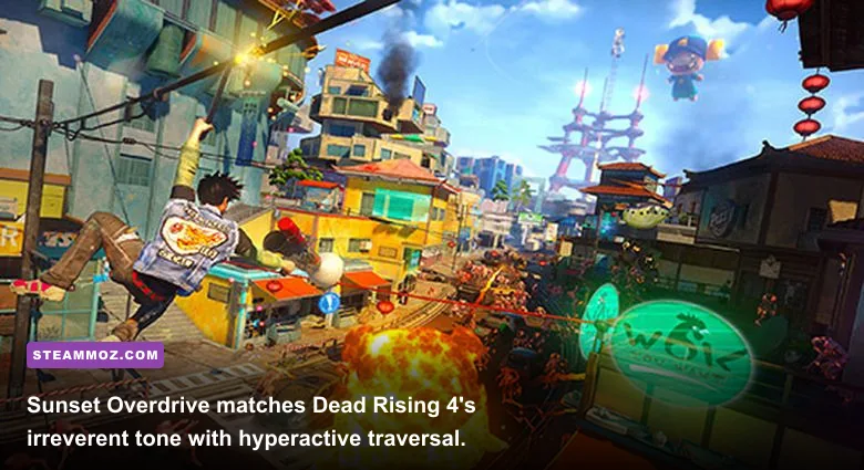 Sunset Overdrive character grinding a rail while fighting mutants
