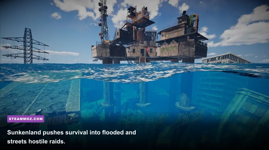 Sunkenland underwater base and boat near a flooded city