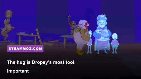 Dropsy hugging a friendly character in the pixel-art adventure game
