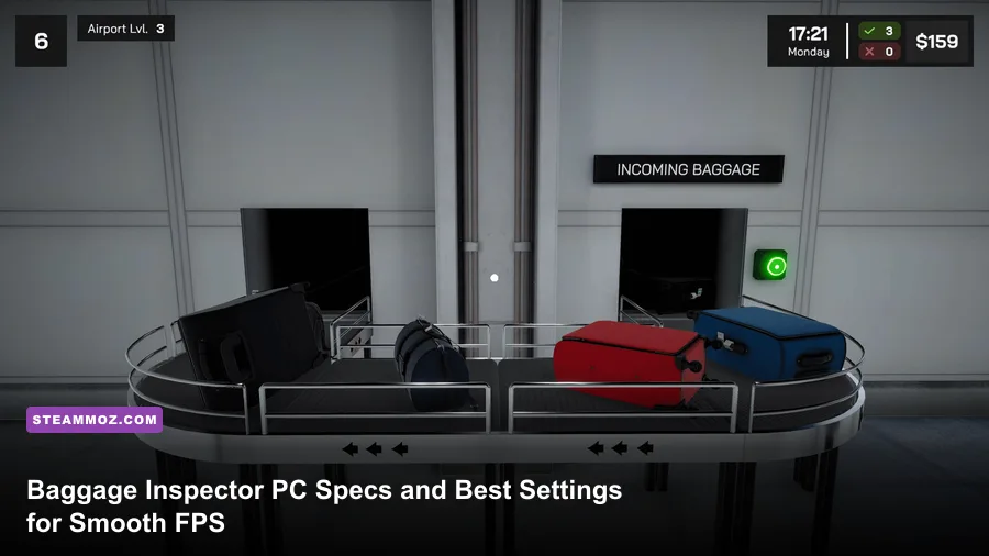 Baggage Inspector airport security gameplay showing a luggage inspection desk
