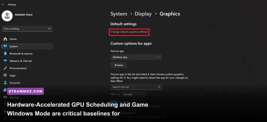 Windows 11 graphics settings menu with Hardware Accelerated GPU Scheduling toggled on