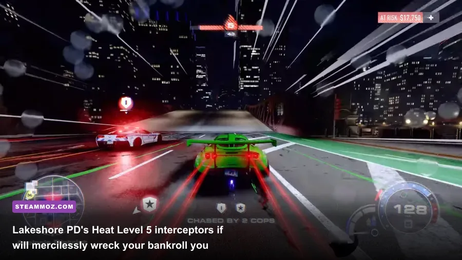 Undercover police cruisers pursuing a sports car at Heat Level 5 in NFS Unbound
