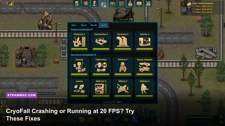 CryoFall player character standing near a fortified survival base