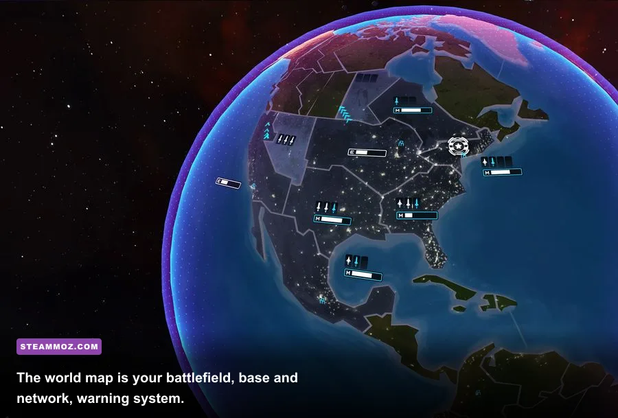 First Strike Classic gameplay showing global territories, missile silos, and nuclear forces