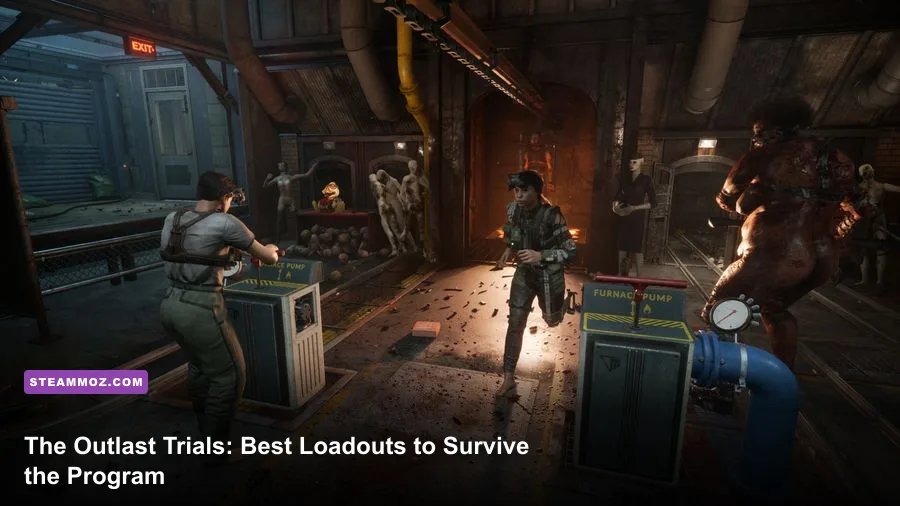 A player crouches in the shadows while an enemy patrols nearby in The Outlast Trials